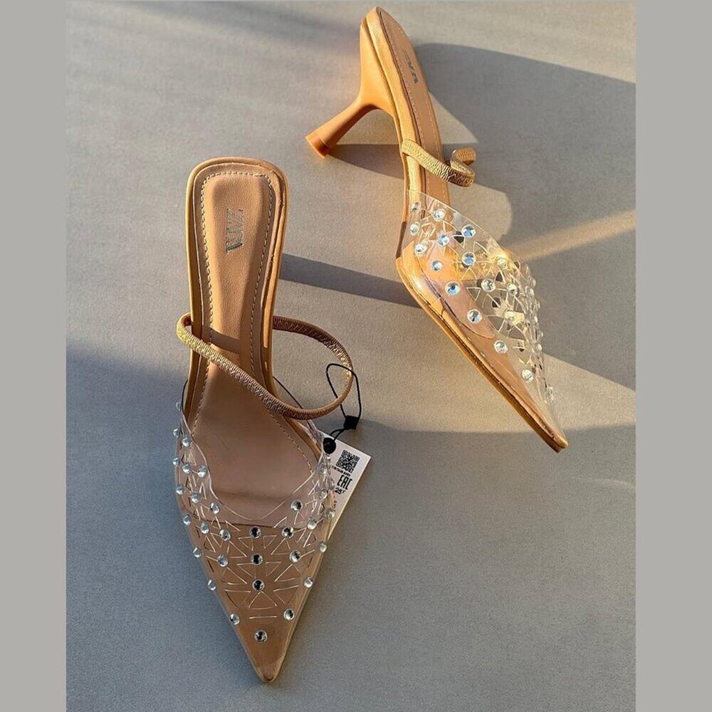 ZARA Rhinestone Slingback Heels NWT Clear Vinyl Pointed Toe Bridal Shoes Size 8 - Picture 16 of 16